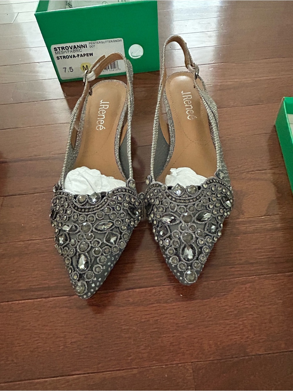 J.Renee Silver Embellished Pointed Slingback Flats